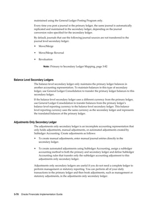 3-70    Oracle Financials Implementation Guide
maintained using the General Ledger Posting Program only.
Every time you post a journal in the primary ledger, the same journal is automatically
replicated and maintained in the secondary ledger, depending on the journal
conversion rules specified for the secondary ledger.
By default, journals that use the following journal sources are not transferred to the
journal level secondary ledger:
• Move/Merge
• Move/Merge Reversal
• Revaluation
Note: Primary to Secondary Ledger Mapping, page 3-82
Balance Level Secondary Ledgers
The balance level secondary ledger only maintains the primary ledger balances in
another accounting representation. To maintain balances in this type of secondary
ledger, use General Ledger Consolidation to transfer the primary ledger balances to this
secondary ledger.
If the balance level secondary ledger uses a different currency from the primary ledger,
use General Ledger Consolidation to transfer balances from the primary ledger's
balance level reporting currency to the balance level secondary ledger. This balance
level reporting currency uses the same currency as the secondary ledger and represents
the translated balances of the primary ledger.
Adjustments Only Secondary Ledger
The adjustments only secondary ledger is an incomplete accounting representation that
only holds adjustments, manual adjustments, or automated adjustments created by
Subledger Accounting. Create adjustments as follows:
• To create manual adjustments, enter manual journal entries directly in the
secondary ledger.
• To create automated adjustments using Subledger Accounting, assign a subledger
accounting method to both the primary and secondary ledger and define Subledger
Accounting rules that transfer only the subledger accounting adjustment to this
adjustments only secondary ledger.
Adjustments only secondary ledgers are useful if you do not need a complete ledger to
perform management or statutory reporting. You can perform all of your daily
transactions in the primary ledger and then book adjustments, such as management or
statutory adjustments, in the adjustments only secondary ledger.
 