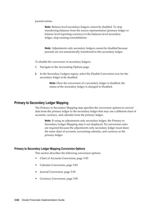3-82    Oracle Financials Implementation Guide
journal entries
Note: Balance level secondary ledgers cannot be disabled. To stop
transferring balances from the source representation (primary ledger or
balance level reporting currency) to the balances level secondary
ledger, stop running consolidations.
Note: Adjustments only secondary ledgers cannot be disabled because
journals are not automatically transferred to this secondary ledger.
To disable the conversion of secondary ledgers:
1. Navigate to the Accounting Options page.
2. In the Secondary Ledgers region, select the Disable Conversion icon for the
secondary ledger to be disabled.
Note: Once the conversion of a secondary ledger is disabled, the
status of the secondary ledger is changed to Disabled.
Primary to Secondary Ledger Mapping
The Primary to Secondary Mapping step specifies the conversion options to convert
data from the primary ledger to the secondary ledger that may use a different chart of
accounts, currency, and calendar from the primary ledger.
Note: If using an adjustments only secondary ledger, the Primary to
Secondary Ledger Mapping step is not displayed. No conversion rules
are required because the adjustments only secondary ledger must share
the same chart of accounts, accounting calendar, and currency as the
primary ledger.
Primary to Secondary Ledger Mapping Conversion Options
This section describes the following conversion options:
• Chart of Accounts Conversion, page 3-83
• Calendar Conversion, page 3-83
• Journal Conversion, page 3-83
• Currency Conversion, page 3-85
 