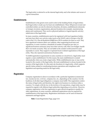 Defining Legal Entities Using the Legal Entity Configurator    4-3
The legal entity is referred to as the internal legal entity and is the initiator and owner of
a given transaction.
Establishments
Establishment is the generic term used to refer to the building blocks of legal entities.
Each legal entity is made up of at least one establishment. These 100 percent owned and
controlled entities can also be referred as branches, divisions, establishments (domestic
or foreign), inventory organizations, physical locations (for example, manufacturing
plants and warehouses). They can be a physical (address) or logical (specific activity)
subdivision of the legal entity.
In many countries, establishments need to be registered with local regulatory bodies
and may have their own activity codes (such as the NACE code in Europe or the SIC
code in the U.S.). Dun & Bradstreet (D&B) have DUN numbers for them as well. They
have significant existence (their own address, often supporting local taxes and
regulations, in some countries a threshold of number of employee per site), or
significant business autonomy (may have their activity code, their own budget, handle
their own bank accounts). They are not liable to the outside world (cannot be sued
separately in court). They support or represent local or distant registrations of the legal
entity. They also represent autonomous business units.
To fulfill registration requirements in some countries at a local level, a legal entity must
register a main establishment. For this reason, the main establishment is created
automatically when you create a legal entity. While establishments may or may not be
located in the country of the legal entity, the main establishment is always located in the
country of the legal entity. It is the main site (location) of a legal entity, which supports
specific duties related to coordinating business operations and compliance with
legislation and reporting needs for the legal entity.
Registration
Company registration is done in accordance with a particular legislation (commercial
law, income tax law, civil law, company law, etc., depending on the country). It is the
backbone of all other legal obligations a company must fulfill. This registration confers
the status of legal entity and therefore, the right to do business in a territory (often a
country). To comply with the law in the territory of its operations, a legal entity may be
required to register with different legal authorities depending on its activity. However,
company registration is the first registration to gain official recognition to qualify for
other registrations. In some countries, additional registrations may be required for
establishments of the legal entity. Registration information can be used on financial
statements and legal reports.
Note: Create Registration Page, page 4-14
 