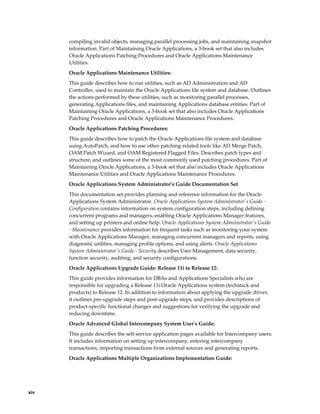 xiv
compiling invalid objects, managing parallel processing jobs, and maintaining snapshot
information. Part of Maintaining Oracle Applications, a 3-book set that also includes
Oracle Applications Patching Procedures and Oracle Applications Maintenance
Utilities.
Oracle Applications Maintenance Utilities:
This guide describes how to run utilities, such as AD Administration and AD
Controller, used to maintain the Oracle Applications file system and database. Outlines
the actions performed by these utilities, such as monitoring parallel processes,
generating Applications files, and maintaining Applications database entities. Part of
Maintaining Oracle Applications, a 3-book set that also includes Oracle Applications
Patching Procedures and Oracle Applications Maintenance Procedures.
Oracle Applications Patching Procedures:
This guide describes how to patch the Oracle Applications file system and database
using AutoPatch, and how to use other patching-related tools like AD Merge Patch,
OAM Patch Wizard, and OAM Registered Flagged Files. Describes patch types and
structure, and outlines some of the most commonly used patching procedures. Part of
Maintaining Oracle Applications, a 3-book set that also includes Oracle Applications
Maintenance Utilities and Oracle Applications Maintenance Procedures.
Oracle Applications System Administrator's Guide Documentation Set
This documentation set provides planning and reference information for the Oracle
Applications System Administrator. Oracle Applications System Administrator's Guide -
Configuration contains information on system configuration steps, including defining
concurrent programs and managers, enabling Oracle Applications Manager features,
and setting up printers and online help. Oracle Applications System Administrator's Guide
- Maintenance provides information for frequent tasks such as monitoring your system
with Oracle Applications Manager, managing concurrent managers and reports, using
diagnostic utilities, managing profile options, and using alerts. Oracle Applications
System Administrator's Guide - Security describes User Management, data security,
function security, auditing, and security configurations.
Oracle Applications Upgrade Guide: Release 11i to Release 12:
This guide provides information for DBAs and Applications Specialists who are
responsible for upgrading a Release 11i Oracle Applications system (techstack and
products) to Release 12. In addition to information about applying the upgrade driver,
it outlines pre-upgrade steps and post-upgrade steps, and provides descriptions of
product-specific functional changes and suggestions for verifying the upgrade and
reducing downtime.
Oracle Advanced Global Intercompany System User's Guide:
This guide describes the self service application pages available for Intercompany users.
It includes information on setting up intercompany, entering intercompany
transactions, importing transactions from external sources and generating reports.
Oracle Applications Multiple Organizations Implementation Guide:
 