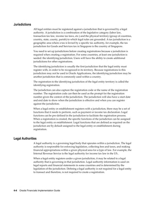 4-4    Oracle Financials Implementation Guide
Jurisdictions
All legal entities must be registered against a jurisdiction that is governed by a legal
authority. A jurisdiction is a combination of the legislative category (labor law,
transaction tax law, income tax laws, etc.) and the physical territory (group of countries,
country, state, county, parish) to which legal rules are grounded. A tax jurisdiction is a
geographic area where a tax is levied by a specific tax authority, for example, the tax
jurisdiction for Goods and Services tax in Singapore is the country of Singapore.
You need to set up jurisdictions before creating registrations because a jurisdiction is
required when creating a registration. For some countries, at least one jurisdiction is
seeded: the identifying jurisdiction. Users will have the ability to create additional
jurisdictions for other registrations.
The identifying jurisdiction is usually the first jurisdiction that the legal entity must
register with, in order to be recognized in its territory. Because registrations to this
jurisdiction may not be used in Oracle Applications, the identifying jurisdiction may be
another jurisdiction that is commonly used within a country.
The registration to the identifying jurisdiction of the legal entity territory is called the
identifying registration.
The jurisdiction can also capture the registration code or the name of the registration
number. The registration code can then be used as the prompt for the registration
number given the context of the jurisdiction. The jurisdiction will also have a start date
and end date to show when the jurisdiction is effective and when you can register
against the jurisdiction.
When a legal entity or establishment registers with a jurisdiction, there may be a set of
functions that it needs to perform, such as payment or income tax declaration. Legal
functions can be pre-defined in the jurisdiction to facilitate the registration process.
When a registration is created, the specific functions of the jurisdiction can be assigned
to the legal entity or establishment. Legal functions that are defined as required on the
jurisdiction are by default assigned to the legal entity or establishment during
registration.
Legal Authorities
A legal authority is a governing legal body that operates within a jurisdiction. The legal
authority is responsible for enforcing legislation, collecting fees and taxes, and making
financial appropriations within a given physical area for a type of law. For example, the
Internal Revenue Service is the legal authority for income tax law in the US..
When a legal entity registers under a given jurisdiction, it may be related to a legal
authority that is governing in that jurisdiction. Legal authority information is used on
legal reports and financial statements in some countries and is determined by the
legislation of the jurisdiction. Defining a legal authority is not required for a legal entity
to transact and therefore, is not required to create a registration.
 