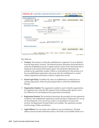 4-10    Oracle Financials Implementation Guide
Key fields are:
• Territory: The territory in which the establishment is registered. It can be different
from the legal entity's territory. The selected territory determines the jurisdiction to
which the establishment needs to register and the context of the information that is
displayed in the General Information region. The jurisdiction determines the
prompt for the registration number. If there is no jurisdiction for this territory or it
has no establishment registration code set up, then the establishment is created
without registration information (without a registration record).
• Parent Legal Entity: Available only when an establishment is created from an
existing organization. Select the parent legal entity to which the establishment
belongs.
• Organization Number: The organization number is used to identify organizations.
It is displayed only when the HZ: Generate Party Number profile option is set to
No. Otherwise it is not displayed and is generated automatically.
• Registration Number: The jurisdiction determines the prompt(s) for the registration
number(s). The establishment registration number prompt is displayed if it is set up
for the jurisdiction. If it is not set up or there is no jurisdiction set up for this
territory, the Registration Number field is not available. The registration number
must be unique within a jurisdiction.
• Legal Address: You can create a new address or use an existing one. The legal
address must be located within the territory. This field is not available if there is no
 