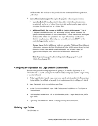 Defining Legal Entities Using the Legal Entity Configurator    4-11
jurisdiction for this territory or the jurisdiction has no Establishment Registration
Code setup.
• General Information region:This region displays the following information:
• Inception Date: Optionally enter the date of the establishment registration
(creation). It can be on or before the system date and on or after legal entity's
inception date but must not be a future date.
• Additional fields that become available in context of the country: Type of
Company, Business Activity, and Secondary Activity. These attributes are
optional and implemented as the Establishment Context Information developer
flexfield. This field is not updatable. The Type of Company and Business
Activity may be named differently and have different seeded LOVs in the
context of a particular territory.
• Context Value: Define additional attributes using the Additional Establishment
Information customer flexfield. The Context Value field is a drop down list that
contains Context Field Value names defined for this flexfield. Select an
appropriate context to enter additional establishment information.
Note: Registration, page 4-3, Create Registration Page, page 4-14, and
Establishments, page 4-3.
Configuring an Organization as a Legal Entity or Establishment
You can configure an existing organization (party) to be either a legal entity or an
establishment. To search for organizations that can be configured as either a legal entity
or an establishment:
1. At the Legal Entities Search page, enter your search criteria and set the Transacting
Entity field to No or blank to have all the organizations with Legal Type n/a listed.
2. View the details of the organization you chose.
3. At the Organization Details page, click Configure as Legal Entity or Configure as
Establishment.
4. Enter required information. For an establishment, select a legal entity in the parent
legal entity.
5. Optionally add additional details to the legal entity or establishment.
Updating Legal Entities
Use this page to:
 