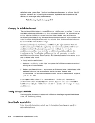 4-16    Oracle Financials Implementation Guide
defaulted to the system date. This field is updatable and must not be a future date.All
updated attributes of a legal entity/establishment registration are shown under the
History tab of the legal entity/establishment.
Note: Creating Registrations, page 4-14
Changing the Main Establishment
The main establishment can be changed from one establishment to another. To move a
main establishment you must select a replacement establishment. The registrations on
the old main establishment will not be transferred to the new main establishment
because registrations typically need to be requested again from the legal authority. For
some countries, the registrations on the old and new main establishments will need to
be re-classified as a result of this change.
In some countries (for example, the U.S. and France), the legal address is the main
establishment address. When the legal entity moves its main establishment from one
establishment to another, its registered address is modified. The new main
establishment must have been created as an additional establishment before this
transfer can apply. You select the establishment that will become the new main
establishment and enter the date of transfer. The date can be today's date, a date in the
past, or a date in the future.
To change a main establishment:
1. From the Legal Entity Details page, navigate to the Establishments subtab and click
Change Main Establishment .
2. Enter a start date and select a replacement establishment in the Establishment table.
From the start date, the establishment selected becomes the new main
establishment. The start date must be within the new main establishment inception
date and end date.
If you set End Date Current Main Establishment to Yes then your current main
establishment will be closed and become inactive. If you set End Date Current Main
Establishment to No, the establishment will still be active but will no longer be a main
establishment.
Setting Up Legal Addresses
Use this page to maintain addresses that can be selected as legal/registered addresses
when you create a legal entity.
Searching for a Jurisdiction
In the Setup tab, Jurisdiction subtab, use the Jurisdiction Search page to search for
existing jurisdictions.
 