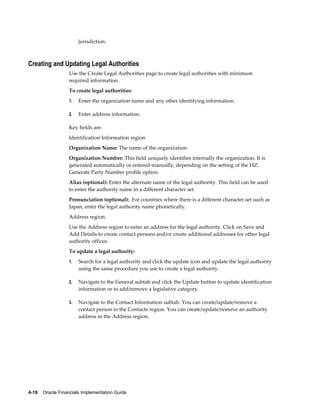 4-18    Oracle Financials Implementation Guide
jurisdiction.
Creating and Updating Legal Authorities
Use the Create Legal Authorities page to create legal authorities with minimum
required information.
To create legal authorities:
1. Enter the organization name and any other identifying information.
2. Enter address information.
Key fields are:
Identification Information region
Organization Name: The name of the organization.
Organization Number: This field uniquely identifies internally the organization. It is
generated automatically or entered manually, depending on the setting of the HZ:
Generate Party Number profile option.
Alias (optional): Enter the alternate name of the legal authority. This field can be used
to enter the authority name in a different character set.
Pronunciation (optional): For countries where there is a different character set such as
Japan, enter the legal authority name phonetically.
Address region:
Use the Address region to enter an address for the legal authority. Click on Save and
Add Details to create contact persons and/or create additional addresses for other legal
authority offices.
To update a legal authority:
1. Search for a legal authority and click the update icon and update the legal authority
using the same procedure you use to create a legal authority.
2. Navigate to the General subtab and click the Update button to update identification
information or to add/remove a legislative category.
3. Navigate to the Contact Information subtab. You can create/update/remove a
contact person in the Contacts region. You can create/update/remove an authority
address in the Address region.
 