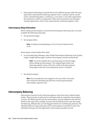 5-2    Oracle Financials Implementation Guide
• Intracompany balancing for journals that involve different groups within the same
legal entity, represented by balancing segment values. A group could be a profit
center, manufacturing plant, a warehouse, a cost center, or any other organization
that represents a subset of a legal entity. Often, these transactions pass through a
clearing organization, which is also represented by a balancing segment value.
Intercompany Setup Information
Before setting up intercompany accounts and intracompany balancing rules, you must
complete the following setup steps:
• Set up General Ledger
• Set up legal entities
Note: Creating Accounting Setups, Oracle Financials Implementation
Guide
Intercompany setup includes these steps:
• In Accounting Setup Manager, select Enable Intracompany Balancing in the Update
Ledger: Ledger Options page to balance intracompany journals automatically.
Note: You must complete the accounting setup in General Ledger
before setting up Intercompany. The assigned legal entities and
balancing segment values will not be visible in the Intercompany
Setup pages unless the Accounting Setup status is Complete.
• Set up Intercompany
Note: Do not qualify the same segment as for your chart of accounts.
This will prevent the Balancing API from correctly generating the
intercompany segment value.
Intercompany Balancing
Intercompany journals involve balancing segment values that map to different legal
entities. These journals are balanced for each legal entity by using their intercompany
accounts. The Balancing API uses the intercompany accounts defined for the relevant
effective date range. Since multiple accounts may be defined for the same date range,
the Balancing API picks the accounts flagged with the Use for Balancing indicator. The
offsetting debit for a legal entity goes into its intercompany receivables account. The
offsetting credit goes into the legal entity's intercompany payables account.
 