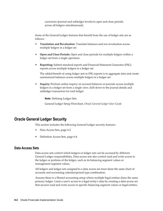 6-2    Oracle Financials Implementation Guide
currencies (journal and subledger levels) to open and close periods
across all ledgers simultaneously
Some of the General Ledger features that benefit from the use of ledger sets are as
follows:
• Translation and Revaluation: Translate balances and run revaluation across
multiple ledgers in a ledger set.
• Open and Close Periods: Open and close periods for multiple ledgers within a
ledger set from a single operation.
• Reporting: Submit standard reports and Financial Statement Generator (FSG)
reports across multiple ledgers in a ledger set.
The added benefit of using ledger sets in FSG reports is to aggregate data and create
summarized balances across multiple ledgers in a ledger set.
• Inquiry: Perform online inquiry on account balances or journals across multiple
ledgers in a ledger set from a single view; drill down to the journal details and
subledger transaction for each ledger.
Note: Defining Ledger Sets
General Ledger Setup Flowchart, Oracle General Ledger User Guide
Oracle General Ledger Security
This section includes the following General Ledger security features:
• Data Access Sets, page 6-2
• Definition Access Sets, page 6-4
Data Access Sets
Data access sets control which ledgers or ledger sets can be accessed by different
General Ledger responsibilities. Data access sets also control read and write access to
the ledger or portions of the ledger, such as its balancing segment values or
management segment values.
All ledgers and ledger sets assigned to a data access set must share the same chart of
accounts and accounting calendar/period type combination.
Assume there is a Shared accounting setup where multiple legal entities share the same
primary ledger. Limit a user's access to a legal entity's data by creating a data access set
that secures read and write access to specific balancing segment values or legal entities.
 