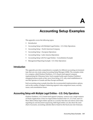 Accounting Setup Examples    A-1
A
Accounting Setup Examples
This appendix covers the following topics:
• Introduction
• Accounting Setup with Multiple Legal Entities – U.S. Only Operations
• Accounting Setup – North American Company
• Accounting Setup – European Operations
• Accounting Setup - Latin America Operations
• Accounting Setup with No Legal Entities - Consolidation Example
• Management Reporting Example - U.S. Only Operations
Introduction
This appendix provides comprehensive examples for different accounting environment
type that you can create using Accounting Setup Manager (ASM). The examples relate
to a company called Outdoor Outfitters, a U.S.-based retail apparel company
implementing the E-Business Suite. Each example builds upon Outdoor Outfitters'
changing business needs as they move from being a U.S. only retail establishment to
one that operates in Canada and then Europe and Brazil.
Each accounting setup example describes the recommended implementation options,
such as the number of ledgers, balancing segment value assignment issues, security
issues, and consolidation issues.
Accounting Setup with Multiple Legal Entities – U.S. Only Operations
Outdoor Outfitters, a U.S. based retail apparel company, wants to use a single instance
of Oracle Applications. It has two legal entities located in the U.S., U.S. East, and U.S.
West. Both of these legal entities operate in a country that does not enforce strict rules
regarding tax and document sequencing. Both legal entities can also share the same
chart of accounts, accounting calendar (that is based on the fiscal year end of January
 