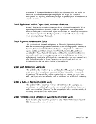 Introduction    1-3
cost centers. It discusses chart of account design and implementation, and setting up
calendars. It contains sections on grouping ledgers into ledger sets for ease of
management and reporting, and on using multiple ledgers to capture different views of
an entire operation.
Oracle Applications Multiple Organizations Implementation Guide
Use the Oracle Applications Multiple Organizations Implementation Guide to set up
system organizations that represent your actual organization. These organizations
maintain subledger documentation in organizational stores that are clearly distinct from
each other, arrange reference data by organization, and provide a basis for security
when accessing subledger documents.
Oracle Payments Implementation Guide
This guide describes how Oracle Payments, as the central payment engine for the
Oracle E-Business Suite, processes transactions, such as invoice payments from Oracle
Payables, bank account transfers from Oracle Cash Management, and settlements
against credit cards and bank accounts from Oracle Receivables. This guide also
describes how Oracle Payments is integrated with financial institutions and payment
systems for receipt and payment processing, known as funds capture and funds
disbursement, respectively. Additionally, the guide explains to the implementer how to
plan the implementation of Oracle Payments, how to configure it, set it up, test
transactions, and how use it with external payment systems.
Oracle Cash Management User Guide
This guide describes how to set up and use Oracle Cash Management to clear your
receipts, as well as reconcile bank statements with your outstanding balances and
transactions. This manual also explains how to effectively manage and control your
cash cycle. It provides comprehensive bank reconciliation and flexible cash forecasting.
Oracle E-Business Tax Implementation Guide
This guide provides a conceptual overview of the E-Business Tax tax engine, and
describes the prerequisite implementation steps to complete in other applications in
order to set up and use E-Business Tax. The guide also includes extensive examples of
setting up country-specific tax requirements.
Oracle Human Resources Management Systems Implementation Guide
Learn about the setup procedures you need to carry out in order to implement Oracle
HRMS successfully in your enterprise.
 