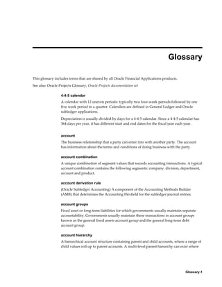 Glossary-1
Glossary
This glossary includes terms that are shared by all Oracle Financial Applications products.
See also: Oracle Projects Glossary, Oracle Projects documentation set
4-4-5 calendar
A calendar with 12 uneven periods: typically two four-week periods followed by one
five week period in a quarter. Calendars are defined in General Ledger and Oracle
subledger applications.
Depreciation is usually divided by days for a 4-4-5 calendar. Since a 4-4-5 calendar has
364 days per year, it has different start and end dates for the fiscal year each year.
account
The business relationship that a party can enter into with another party. The account
has information about the terms and conditions of doing business with the party.
account combination
A unique combination of segment values that records accounting transactions. A typical
account combination contains the following segments: company, division, department,
account and product.
account derivation rule
(Oracle Subledger Accounting) A component of the Accounting Methods Builder
(AMB) that determines the Accounting Flexfield for the subledger journal entries.
account groups
Fixed asset or long-term liabilities for which governments usually maintain separate
accountability. Governments usually maintain these transactions in account groups
known as the general fixed assets account group and the general long-term debt
account group.
account hierarchy
A hierarchical account structure containing parent and child accounts, where a range of
child values roll up to parent accounts. A multi-level parent hierarchy can exist where
 