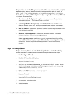 2-2    Oracle Financials Implementation Guide
If legal entities are involved, the general rule is to define a separate accounting setup for
each legal entity or group of legal entities that require their own primary ledger. In
other words, if legal entities require any one of the following attributes to be different
from other legal entities, a different primary ledger is required, and therefore a different
accounting setup is required:
• chart of accounts: One legal entity requires a six-segment chart of accounts and
another requires only a four-segment chart of accounts.
• accounting calendar: One legal entity uses a 4-4-5 calendar and another uses a
monthly calendar; or one legal entity has a different fiscal year end than another.
• primary currency: Legal entities operate in different countries requiring them to use
their own local currencies.
• subledger accounting method: Legal entities operate in different countries or
industries that have different accounting standards.
• ledger processing options: Legal entities operate in different industries, such as
retail and financial services, and require different ledger processing options, such as
maintaining average daily balances for legal entities in the financial services
industry.
Ledger Processing Options
Ledger Processing Options are defined at the ledger level and refer to the following
options that control how journals and transactions are processed for that ledger:
• First Ever Opened Period
• Number of Future Enterable Periods
• Retained Earnings Account
• Subledger Accounting Options, such as the subledger accounting method, journal
description language, entered currency balancing account, cash basis accounting,
and the ledger currency balancing account
• Option to track balances using a secondary segment
• Suspense Account
• Rounding Differences Tracking Account
• Intracompany Balancing option
• Journal Approval
 