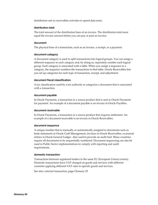 Glossary-30
distribution sets to receivables activities to speed data entry.
distribution total
The total amount of the distribution lines of an invoice. The distribution total must
equal the invoice amount before you can pay or post an invoice.
document
The physical base of a transaction, such as an invoice, a receipt, or a payment.
document category
A document category is used to split transactions into logical groups. You can assign a
different sequence to each category and, by doing so, separately number each logical
group. Each category is associated with a table. When you assign a sequence to a
category, the sequence numbers the transactions in that table. Oracle Receivables lets
you set up categories for each type of transaction, receipt, and adjustment.
document fiscal classification
A tax classification used by a tax authority to categorize a document that is associated
with a transaction.
document payable
In Oracle Payments, a transaction in a source product that is sent to Oracle Payments
for payment. An example of a document payable is an invoice in Oracle Payables.
document receivable
In Oracle Payments, a transaction in a source product that requires settlement. An
example of a document receivable is an invoice in Oracle Receivables.
document sequence
A unique number that is manually or automatically assigned to documents such as
bank statements in Oracle Cash Management, invoices in Oracle Receivables, or journal
entries in Oracle General Ledger. Also used to provide an audit trail. Many countries
require all documents to be sequentially numbered. Document sequencing can also be
used in Public Sector implementations to comply with reporting and audit
requirements.
domestic transaction
Transactions between registered traders in the same EU (European Union) country.
Domestic transactions have VAT charged on goods and services with different
countries applying different VAT rates to specific goods and services.
See also: external transaction, page Glossary-35
 