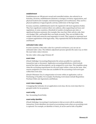 Glossary-33
establishment
Establishments are 100-percent owned and controlled entities, also referred to as
branches, divisions, establishments (domestic or foreign), inventory organizations, and
physical locations (for example, manufacturing plants and warehouses). They can be a
physical (address) or logical (specific activity) subdivision of the legal entity
In many countries, establishments need to be registered with local regulatory bodies.
They have significant existence (their own address, often supporting local taxes and
regulations, in some countries a threshold of number of employees per site), or
significant business autonomy (for example, they may have their activity code, their
own budget, P&L, and handle their own bank accounts). They are not liable to the
outside world (and cannot be sued separately in court). They support or represent local
or distant registrations of the legal entity. They represent the Dun & Bradstreet Division
and Branch.
estimated index value
In some countries, if the index value for a period is not known, you can use an
estimated index value. The inflation adjustment process operates the same way as when
the exact index value is known.
See also: index value, page Glossary-43
event class
(Oracle Subledger Accounting) Represents the actions possible for a particular
transaction type or document. Application accounting definitions, which include
journal line types and descriptions, can be assigned by event class. This simplifies setup
when the accounting requirements for all event types within a class are the same. Also,
sources assigned to an event class are available for the accounting of all event types
within that event class.
(Oracle E-Business Tax) A categorization of events within an application, such as
Purchasing or Payables. For example, Purchasing event classes include Requisition;
Purchase Order and Agreement; and Release.
event class mapping
A mapping that indicates, for an application event class, the tax event class that it is
grouped under for tax purposes.
event entity
See: Accounting Event Entity
event entity identifier
(Oracle Subledger Accounting) A mechanism to link an event with its underlying
transaction. Event identifiers are stored on accounting events when an accounting event
is captured. For example, an identifier of check_id can be used to link a Payables
 
