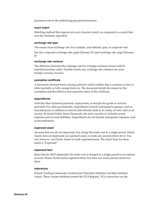 Glossary-34
payment event to the underlying payment transaction.
exact match
Matching method that requires an exact character match, as compared to a search that
uses the similarity algorithm.
exchange rate type
The source of an exchange rate. For example, user defined, spot, or corporate rate.
See also: corporate exchange rate, page Glossary-23, spot exchange rate, page Glossary-
87
exchange rate variance
The difference between the exchange rate for a foreign-currency invoice and its
matched purchase order. Payables tracks any exchange rate variances for your
foreign-currency invoices.
exemption certificate
A document obtained from a taxing authority which certifies that a customer or item is
either partially or fully exempt from tax. The document details the reason for the
exemption and the effective and expiration dates of the certificate.
expenditures
Activities that represent payments, repayments, or receipts for goods or services
provided. For some governments, expenditures include anticipated expenses, such as
encumbrances, in addition to activity that directly leads to an outlay of cash, such as an
invoice. In Oracle Public Sector Financials, the term expenditures includes actual
expenses and accrued liabilities. Expenditures do not include anticipated expenses, such
as encumbrances.
expensed asset
An asset that you do not depreciate, but charge the entire cost in a single period. Oracle
Assets does not depreciate an expensed asset, or create any journal entries for it. You
can, however, use Oracle Assets to track expensed assets. The Asset Type for these
assets is "Expensed".
expensed item
Items that do NOT depreciate; the entire cost is charged in a single period to an expense
account. Oracle Assets tracks expensed items, but does not create journal entries for
them.
extensions
(Oracle Trading Community Architecture) Extended attributes and their attribute
values. These custom attributes extend the TCA Registry. TCA extensions use the
 