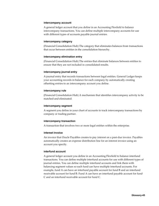 Glossary-45
intercompany account
A general ledger account that you define in an Accounting Flexfield to balance
intercompany transactions. You can define multiple intercompany accounts for use
with different types of accounts payable journal entries.
intercompany category
(Financial Consolidation Hub) The category that eliminates balances from transactions
that occur between entities in the consolidation hierarchy.
intercompany elimination entry
(Financial Consolidation Hub) The entries that eliminate balances between entities to
ensure that they are not included in consolidated results.
intercompany journal entry
A journal entry that records transactions between legal entities. General Ledger keeps
your accounting records in balance for each company by automatically creating
offsetting entries to an intercompany account you define.
intercompany rule
(Financial Consolidation Hub) A mechanism that identifies intercompany activity to be
matched and eliminated.
intercompany segment
A segment you define in your chart of accounts to track intercompany transactions by
company or trading partner.
intercompany transaction
A transaction that involves two or more legal entities within the enterprise.
interest invoice
An invoice that Oracle Payables creates to pay interest on a past-due invoice. Payables
automatically creates an expense distribution line for an interest invoice using an
account you specify.
interfund account
A general ledger account you define in an Accounting Flexfield to balance interfund
transactions. You can define multiple interfund accounts for use with different types of
journal entries. You can define multiple interfund accounts and link them with
balancing segment values so each fund can have multiple interfund accounts. For
example, fund A can have an interfund payable account for fund B and an interfund
receivable account for fund B. Fund A can have an interfund payable account for fund
C and an interfund receivable account for fund C.
 