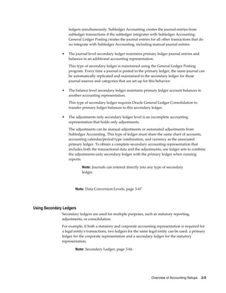 Overview of Accounting Setups    2-5
ledgers simultaneously. Subledger Accounting creates the journal entries from
subledger transactions if the subledger integrates with Subledger Accounting.
General Ledger Posting creates the journal entries for all other transactions that do
no integrate with Subledger Accounting, including manual journal entries.
• The journal level secondary ledger maintains primary ledger journal entries and
balances in an additional accounting representation.
This type of secondary ledger is maintained using the General Ledger Posting
program. Every time a journal is posted in the primary ledger, the same journal can
be automatically replicated and maintained in the secondary ledger for those
journal sources and categories that are set up for this behavior.
• The balance level secondary ledger maintains primary ledger account balances in
another accounting representation.
This type of secondary ledger requires Oracle General Ledger Consolidation to
transfer primary ledger balances to this secondary ledger.
• The adjustments only secondary ledger level is an incomplete accounting
representation that holds only adjustments.
The adjustments can be manual adjustments or automated adjustments from
Subledger Accounting. This type of ledger must share the same chart of accounts,
accounting calendar/period type combination, and currency as the associated
primary ledger. To obtain a complete secondary accounting representation that
includes both the transactional data and the adjustments, use ledger sets to combine
the adjustments-only secondary ledger with the primary ledger when running
reports.
Note: Journals can entered directly into any type of secondary
ledger.
Note: Data Conversion Levels, page 3-67
Using Secondary Ledgers
Secondary ledgers are used for multiple purposes, such as statutory reporting,
adjustments, or consolidation.
For example, if both a statutory and corporate accounting representation is required for
a legal entity's transactions, two ledgers for the same legal entity can be used: a primary
ledger for the corporate representation and a secondary ledger for the statutory
representation.
Note: Secondary Ledger, page 3-66
 