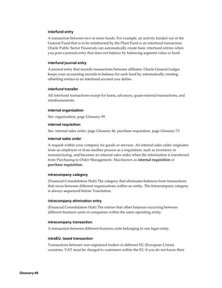 Glossary-46
interfund entry
A transaction between two or more funds. For example, an activity funded out of the
General Fund that is to be reimbursed by the Plant Fund is an interfund transaction.
Oracle Public Sector Financials can automatically create basic interfund entries when
you post a journal entry that does not balance by balancing segment value or fund.
interfund journal entry
A journal entry that records transactions between affiliates. Oracle General Ledger
keeps your accounting records in balance for each fund by automatically creating
offsetting entries to an interfund account you define.
interfund transfer
All interfund transactions except for loans, advances, quasi-external transactions, and
reimbursements.
internal organization
See: organization, page Glossary-59
internal requisition
See: internal sales order, page Glossary-46, purchase requisition, page Glossary-73
internal sales order
A request within your company for goods or services. An internal sales order originates
from an employee or from another process as a requisition, such as inventory or
manufacturing, and becomes an internal sales order when the information is transferred
from Purchasing to Order Management. Also known as internal requisition or
purchase requisition.
intracompany category
(Financial Consolidation Hub) The category that eliminates balances from transactions
that occur between different organizations within an entity. The Intracompany category
is always sequenced before Translation.
intracompany elimination entry
(Financial Consolidation Hub) The entries that offset balances occurring between
different business units or companies within the same operating entity.
intracompany transaction
A transaction between different business units belonging to one legal entity.
intraEU, taxed transaction
Transactions between non-registered traders in different EU (European Union)
countries. VAT must be charged to customers within the EU if you do not know their
 