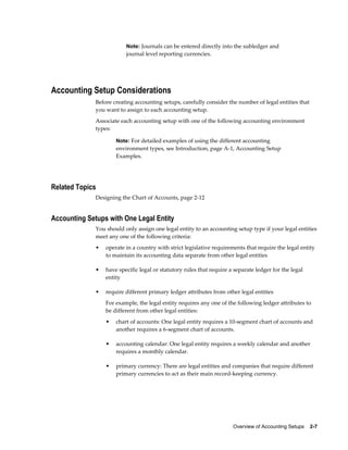 Overview of Accounting Setups    2-7
Note: Journals can be entered directly into the subledger and
journal level reporting currencies.
Accounting Setup Considerations
Before creating accounting setups, carefully consider the number of legal entities that
you want to assign to each accounting setup.
Associate each accounting setup with one of the following accounting environment
types:
Note: For detailed examples of using the different accounting
environment types, see Introduction, page A-1, Accounting Setup
Examples.
Related Topics
Designing the Chart of Accounts, page 2-12
Accounting Setups with One Legal Entity
You should only assign one legal entity to an accounting setup type if your legal entities
meet any one of the following criteria:
• operate in a country with strict legislative requirements that require the legal entity
to maintain its accounting data separate from other legal entities
• have specific legal or statutory rules that require a separate ledger for the legal
entity
• require different primary ledger attributes from other legal entities
For example, the legal entity requires any one of the following ledger attributes to
be different from other legal entities:
• chart of accounts: One legal entity requires a 10-segment chart of accounts and
another requires a 6-segment chart of accounts.
• accounting calendar: One legal entity requires a weekly calendar and another
requires a monthly calendar.
• primary currency: There are legal entities and companies that require different
primary currencies to act as their main record-keeping currency.
 