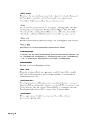 Glossary-78
relative amount
The amount that represents the numerator for the ratio used to determine the amount
due. You specify your relative amount when you define your payment terms.
Amount Due = Relative Amount/Base Amount x Invoice Amount
release
An actual order of goods or services you issue against a blanket purchase order. The
blanket purchase order determines the characteristics and prices of the items. The
release specifies the actual quantities and dates ordered for the items. You identify a
release by the combination of blanket purchase order number and release number.
release code
The release name Oracle Payables or you assign when releasing a hold from an invoice.
released date
The date on which an invoice and its associated revenue is released.
remittance advice
A document that lists the invoices being paid with a particular payment document. You
can create and define remittance advices which you can use with any payment format
or you can use a standard remittance advice that Oracle Payables provides.
remittance bank
The bank in which you deposit your receipts.
report center
The unit at which capital costs and expenses are recorded or reported (for example,
well, lease, completion, prospect, facility, transport, transport measurement point,
division, department, etc.).
reporting currency
Reporting currencies are additional currency representations of primary or secondary
ledgers in which accounting and reporting can be performed. This currency can be used
for supplementary reporting purposes, like consolidation or management reporting.
Reporting currencies can only differ by currency from their source ledger.
reporting entity
The oversight unit and all related component units that combine to form a
governmental reporting entity.
 