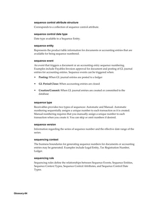 Glossary-84
sequence control attribute structure
Corresponds to a collection of sequence control attribute.
sequence control date type
Date type available to a Sequence Entity.
sequence entity
Represents the product table information for documents or accounting entries that are
available for being sequence numbered.
sequence event
An event that triggers a document or an accounting entry sequence numbering.
Examples include Payables Invoices approval for document and posting of GL journal
entries for accounting entries. Sequence events can be triggered when:
• Posting: When GL journal entries are posted to a ledger
• GL Period Close: When accounting entries are closed
• Creation/Commit: When GL journal entries are created or committed to the
database
sequence type
Receivables provides two types of sequences: Automatic and Manual. Automatic
numbering sequentially assigns a unique number to each transaction as it is created.
Manual numbering requires that you manually assign a unique number to each
transaction when you create it. You can skip or omit numbers if desired.
sequence version
Information regarding the series of sequence number and the effective date range of the
series.
sequencing context
The business boundaries for generating sequence numbers for documents or accounting
entries may be generated. Examples include Legal Entity, Tax Registration Number,
Ledger.
sequencing rule
Sequencing rules define the relationships between Sequence Events, Sequence Entities,
Sequence Context Types, Sequence Control Attributes, and Sequence Control Date
Types.
 