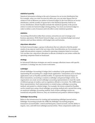 Glossary-88
statistical quantity
Statistical information relating to the unit of measure for an invoice distribution line.
For example, when you enter invoices for office rent, you can enter Square Feet (or
whatever Unit of Measure you define in General Ledger) in the Unit field for an invoice
distribution, and the number of square feet in the Statistical Quantity field for an
invoice distribution. Oracle Payables includes the statistical quantity in the journal
entries it creates for General Ledger during posting. You must use General Ledger in
order to define a unit of measure and to be able to enter statistical quantities.
statistics
Accounting information (other than currency amounts) you use to manage your
business operations. With Oracle General Ledger, you can maintain budget and actual
statistics and use these statistics with budget rules and formulas.
step-down allocation
In Oracle General Ledger, a group of allocations that are ordered so that the posted
results of one step are used in the next step of the AutoAllocation set. For example, you
might allocate parent company overhead to operating companies based on revenues.
You can then use a step-down allocation to allocate overhead to cost centers within the
operating companies based on headcount.
strategy
In Advanced Collections strategies are used to manage collections issues with specific
customers. A strategy has one or more work items.
subledger
(Oracle Subledger Accounting) A ledger that is subsidiary to the general ledger,
representing the accounting for a single Oracle application. Transactions occur in Oracle
applications such as Payables and Receivables. To represent the financial impact of
these transactions, accounting is created as subledger and general ledger entries. An
organization can create several subledger accounting representations to meet the needs
of different groups of readers, such as regulatory officials or investors. The AMB creates
these representations. Each representation is created using a subledger accounting
method, and posted to a distinct ledger. For example, the entries created for Payables
can be created once using a fiscal subledger accounting method and a second time using
an analytical subledger accounting method. Each of these subledger entries are
transferred and posted. However, they are transferred and posted to different ledgers.
Subledger Accounting
Refers to the infrastructure for creating and maintaining subledger journal entries.
Subledger Accounting includes the AMB, the Subledger Accounting program,
transaction account builder, control and third party control accounts, and the ability to
inquire, view, and drill from subledger journal entries. These components enable users
 