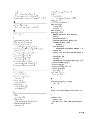 Index-3
A-21
Other Accounting Setup, A-26
U.S. management reporting, A-30
exclusive legal environment example, A-16, A-21
G
general ledger setup
See accounting setups, prerequisites
H
home page, 4-6
I
implementation guides, 1-2
Intercompany accounting, 5-1
intercompany accounts
Accounting Setup Manager, 3-65
Intercompany and Intracompany Balancing
Overview, 5-1
intercompany transactions, 1-4
Intracompany balancing, 5-1
Intracompany Balancing
Evaluation Order, 5-9
intracompany balancing rules
Accounting Setup Manager, 3-65
Intracompany balancing rules, 5-4
J
journal category
conversion, 3-53
journal conversion rule
example, 3-54
journal source
conversion, 3-53
jurisdictions, 4-4
searching for, 4-16
setting up, 4-17
L
ledger
secondary, 2-4
ledger options
Accounting Setup Manager, 3-30
ledger processing options
example, 2-3
Ledger Processing Options, 2-2
ledgers
consolidation
other accounting setups, 3-74
ledger sets, 6-1
Legal Addresses page, 4-16
legal authorities
creating, 4-18
updating, 4-18
legal authority, 4-4
legal entities, 3-12
See also Accounting Setup Manager
about, 4-1
accounting setups, 3-14
assigning in accounting setups, 3-23
balancing segment values
updating, 3-17
chart of accounts
designating the balancing segment, 3-14
creating, 4-6
defining using Accounting Setup Manager, 3-
14
search pages, 4-6
updating, 4-13
updating in Accounting Setup Manager, 3-28
Legal Entities Details page, 4-12
Legal Entities page, 3-4
Legal Entity Configurator, 1-4
Legal Entity Identifer
generating, 4-5
legal entity pages, 4-5
home page, 4-6
M
management reporting example
U.S., A-30
N
North American shared legal environment, A-8
O
operating units
defining, 3-63
Oracle Advanced Global Intercompany System,
1-4
 