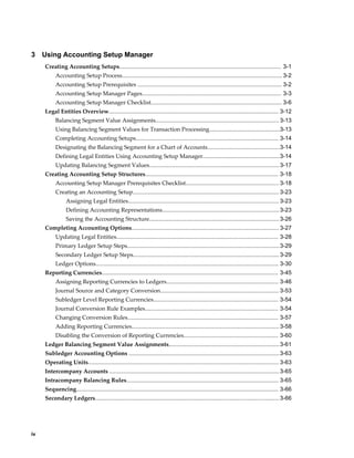 iv
3 Using Accounting Setup Manager
Creating Accounting Setups..................................................................................................... 3-1
Accounting Setup Process.................................................................................................... 3-2
Accounting Setup Prerequisites .......................................................................................... 3-2
Accounting Setup Manager Pages....................................................................................... 3-3
Accounting Setup Manager Checklist..................................................................................3-6
Legal Entities Overview.......................................................................................................... 3-12
Balancing Segment Value Assignments............................................................................. 3-13
Using Balancing Segment Values for Transaction Processing............................................3-13
Completing Accounting Setups......................................................................................... 3-14
Designating the Balancing Segment for a Chart of Accounts.............................................3-14
Defining Legal Entities Using Accounting Setup Manager................................................3-14
Updating Balancing Segment Values................................................................................. 3-17
Creating Accounting Setup Structures................................................................................... 3-18
Accounting Setup Manager Prerequisites Checklist.......................................................... 3-18
Creating an Accounting Setup........................................................................................... 3-23
Assigning Legal Entities.............................................................................................. 3-23
Defining Accounting Representations.........................................................................3-23
Saving the Accounting Structure................................................................................. 3-26
Completing Accounting Options............................................................................................ 3-27
Updating Legal Entities..................................................................................................... 3-28
Primary Ledger Setup Steps...............................................................................................3-29
Secondary Ledger Setup Steps........................................................................................... 3-29
Ledger Options.................................................................................................................. 3-30
Reporting Currencies.............................................................................................................. 3-45
Assigning Reporting Currencies to Ledgers...................................................................... 3-46
Journal Source and Category Conversion.......................................................................... 3-53
Subledger Level Reporting Currencies.............................................................................. 3-54
Journal Conversion Rule Examples................................................................................... 3-54
Changing Conversion Rules.............................................................................................. 3-57
Adding Reporting Currencies............................................................................................3-58
Disabling the Conversion of Reporting Currencies........................................................... 3-60
Ledger Balancing Segment Value Assignments.....................................................................3-61
Subledger Accounting Options ..............................................................................................3-63
Operating Units....................................................................................................................... 3-63
Intercompany Accounts ..........................................................................................................3-65
Intracompany Balancing Rules............................................................................................... 3-65
Sequencing.............................................................................................................................. 3-66
Secondary Ledgers...................................................................................................................3-66
 