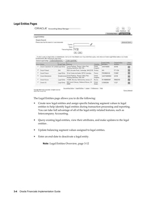 3-4    Oracle Financials Implementation Guide
Legal Entities Pages
The Legal Entities page allows you to do the following:
• Create new legal entities and assign specific balancing segment values to legal
entities to help identify legal entities during transaction processing and reporting.
You can take full advantage of all of the legal entity-related features, such as
Intercompany Accounting.
• Query existing legal entities, view their attributes, and make updates to the legal
entities .
• Update balancing segment values assigned to legal entities.
• Enter an end-date to deactivate a legal entity.
Note: Legal Entities Overview, page 3-12
 