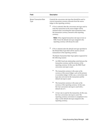 Using Accounting Setup Manager    3-51
Field Description
Retain Transaction Rate
Type
Controls the conversion rate type that should be used to
convert transaction currency amounts from the source
ledger to this reporting currency.
• If Yes is selected, then the conversion rate type used to
enter the transaction in the source ledger will be
retained when converting the same transaction from
the transaction currency amount to this reporting
currency.
Note: If the original transaction rate type is User or
EMU Fixed, the default rate type assigned to the
reporting currency will always be used.
• If No is selected, then the default rate type specified in
the Default Rate Type field will be used to convert
transactions to this reporting currency.
The Retain Transaction Rate Type option is ignored for
the following reasons:
• An EMU fixed rate relationship exists between the
transaction currency and the currency of the
reporting currency. In this case, the EMU Fixed
conversion rate type is used.
• The transaction currency is the same as the
currency of the source ledger, such as the primary
or secondary ledger. In this case, a conversion rate
type does not exist for the transaction and the
default rate type is used.
• The transaction currency is the same as the
currency of the reporting currency. In this case,
the User conversion rate type is used with a
default rate of 1.
• A User rate is used for the transaction. In this case,
the User conversion rate type is used. The
reporting currency conversion is completed in two
steps via the default rate type assigned to the
reporting currency.
 