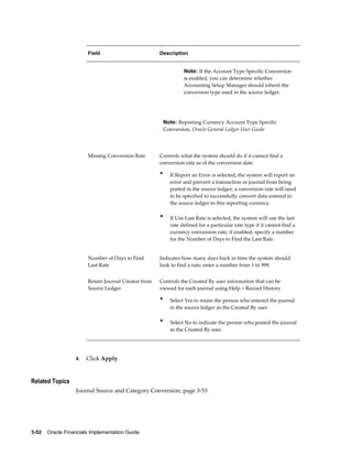 3-52    Oracle Financials Implementation Guide
Field Description
Note: If the Account Type Specific Conversion
is enabled, you can determine whether
Accounting Setup Manager should inherit the
conversion type used in the source ledger.
Note: Reporting Currency Account Type Specific
Conversion, Oracle General Ledger User Guide
Missing Conversion Rate Controls what the system should do if it cannot find a
conversion rate as of the conversion date
• If Report an Error is selected, the system will report an
error and prevent a transaction or journal from being
posted in the source ledger; a conversion rate will need
to be specified to successfully convert data entered in
the source ledger to this reporting currency.
• If Use Last Rate is selected, the system will use the last
rate defined for a particular rate type if it cannot find a
currency conversion rate; if enabled, specify a number
for the Number of Days to Find the Last Rate.
Number of Days to Find
Last Rate
Indicates how many days back in time the system should
look to find a rate; enter a number from 1 to 999.
Retain Journal Creator from
Source Ledger
Controls the Created By user information that can be
viewed for each journal using Help > Record History
• Select Yes to retain the person who entered the journal
in the source ledger as the Created By user.
• Select No to indicate the person who posted the journal
as the Created By user.
4. Click Apply.
Related Topics
Journal Source and Category Conversion, page 3-53
 