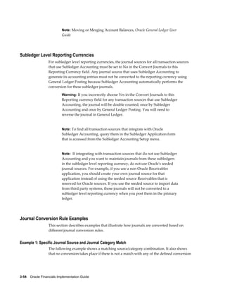 3-54    Oracle Financials Implementation Guide
Note: Moving or Merging Account Balances, Oracle General Ledger User
Guide
Subledger Level Reporting Currencies
For subledger level reporting currencies, the journal sources for all transaction sources
that use Subledger Accounting must be set to No in the Convert Journals to this
Reporting Currency field. Any journal source that uses Subledger Accounting to
generate its accounting entries must not be converted to the reporting currency using
General Ledger Posting because Subledger Accounting automatically performs the
conversion for these subledger journals.
Warning: If you incorrectly choose Yes in the Convert Journals to this
Reporting currency field for any transaction sources that use Subledger
Accounting, the journal will be double counted; once by Subledger
Accounting and once by General Ledger Posting. You will need to
reverse the journal in General Ledger.
Note: To find all transaction sources that integrate with Oracle
Subledger Accounting, query them in the Subledger Application form
that is accessed from the Subledger Accounting Setup menu.
Note: If integrating with transaction sources that do not use Subledger
Accounting and you want to maintain journals from these subledgers
in the subledger level reporting currency, do not use Oracle's seeded
journal sources. For example, if you use a non-Oracle Receivables
application, you should create your own journal source for that
application instead of using the seeded source Receivables that is
reserved for Oracle sources. If you use the seeded source to import data
from third party systems, those journals will not be converted to a
subledger level reporting currency when you post them in the primary
ledger.
Journal Conversion Rule Examples
This section describes examples that illustrate how journals are converted based on
different journal conversion rules.
Example 1: Specific Journal Source and Journal Category Match
The following example shows a matching source/category combination. It also shows
that no conversion takes place if there is not a match with any of the defined conversion
 