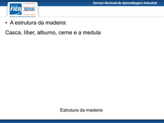 • A estrutura da madeira:
Casca, líber, alburno, cerne e a medula
Estrutura da madeira
 