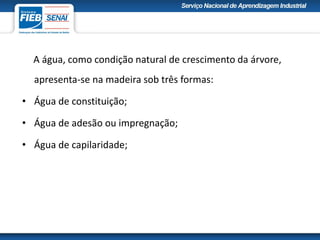 A água, como condição natural de crescimento da árvore,
apresenta-se na madeira sob três formas:
• Água de constituição;
• Água de adesão ou impregnação;
• Água de capilaridade;
 
