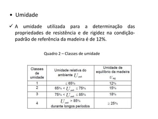 • Umidade
 A umidade utilizada para a determinação das
propriedades de resistência e de rigidez na condição-
padrão de referência da madeira é de 12%.
Quadro 2 – Classes de umidade
 