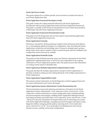     xiii
Oracle Alert User's Guide:
This guide explains how to define periodic and event alerts to monitor the status of
your Oracle Applications data.
Oracle Application Framework Developer's Guide:
This guide contains the coding standards followed by the Oracle Applications
development staff to produce applications built with Oracle Application Framework.
This guide is available in PDF format on OracleMetaLink and as online documentation
in JDeveloper 10g with Oracle Application Extension.
Oracle Application Framework Personalization Guide:
This guide covers the design-time and run-time aspects of personalizing applications
built with Oracle Application Framework.
Oracle Applications Concepts:
This book is intended for all those planning to deploy Oracle E-Business Suite Release
12, or contemplating significant changes to a configuration. After describing the Oracle
Applications architecture and technology stack, it focuses on strategic topics, giving a
broad outline of the actions needed to achieve a particular goal, plus the installation and
configuration choices that may be available.
Oracle Applications Flexfields Guide:
This guide provides flexfields planning, setup, and reference information for the Oracle
Applications implementation team, as well as for users responsible for the ongoing
maintenance of Oracle Applications product data. This guide also provides information
on creating custom reports on flexfields data.
Oracle Applications Multiple Organizations Implementation Guide:
This guide describes the multiple organizations concepts in Oracle Applications. It
describes in detail on setting up and working effectively with multiple organizations in
Oracle Applications.
Oracle Applications Supportability Guide:
This manual contains information on Oracle Diagnostics and the Logging Framework
for system administrators and custom developers.
Oracle Applications System Administrator's Guide Documentation Set:
This documentation set provides planning and reference information for the Oracle
Applications System Administrator. Oracle Applications System Administrator's Guide -
Configuration contains information on system configuration steps, including defining
concurrent programs and managers, enabling Oracle Applications Manager features,
and setting up printers and online help. Oracle Applications System Administrator's Guide
- Maintenance provides information for frequent tasks such as monitoring your system
with Oracle Applications Manager, managing concurrent managers and reports, using
diagnostic utilities, managing profile options, and using alerts. Oracle Applications
System Administrator's Guide - Security describes User Management, data security,
function security, auditing, and security configurations.
 
