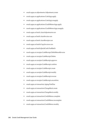 2-6    Oracle Credit Management User Guide
• oracle.apps.ar.adjustments.Adjustment.create
• oracle.apps.ar.applications.CashApp.apply
• oracle.apps.ar.applications.CashApp.unapply
• oracle.apps.ar.applications.CreditMemoApp.apply
• oracle.apps.ar.applications.CreditMemoApp.unapply
• oracle.apps.ar.batch.AutoAdjustments.run
• oracle.apps.ar.batch.AutoInvoice.run
• oracle.apps.ar.batch.AutoReceipts.run
• oracle.apps.ar.batch.CopyInvoices.run
• oracle.apps.ar.batch.QuickCash.PostBatch
• oracle.apps.ar.receipts.CashReceipt.DebitMemoReverse
• oracle.apps.ar.receipts.CashReceipt.Delete
• oracle.apps.ar.receipts.CashReceipt.approve
• oracle.apps.ar.receipts.CashReceipt.confirm
• oracle.apps.ar.receipts.CashReceipt.create
• oracle.apps.ar.receipts.CashReceipt.modify
• oracle.apps.ar.receipts.CashReceipt.reverse
• oracle.apps.ar.receipts.CashReceipt.unconfirm
• oracle.apps.ar.transaction.Aging.PastDue
• oracle.apps.ar.transaction.ChargeBack.create
• oracle.apps.ar.transaction.ChargeBack.modify
• oracle.apps.ar.transaction.CreditMemo.complete
• oracle.apps.ar.transaction.CreditMemo.incomplete
• oracle.apps.ar.transaction.CreditMemo.modify
 