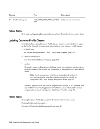 2-12    Oracle Credit Management User Guide
Meaning Type Where Used
User Data Point Categories OCM_USER_DATA_POINT_CATEGO
RIES
Additional data points setup
Related Topics
Reviewing and Updating Receivables Lookups, Oracle Receivables Implementation Guide
Updating Customer Profile Classes
In the Oracle Receivables Customer Profile Classes window, use the Collectors region
on the Profile Class tab to assign credit information to your customer profile classes:
• Classification
Or, use the Assign Customer Credit Classification program, page 2-13.
• Periodic review cycle
See: Periodic Credit Review Program, page 4-24.
• Analyst
Optionally assign credit analysts to indicate who is responsible for monitoring the
creditworthiness of the account and for assisting in the resolution of credit-related
issues.
Note: Credit Management looks for an assigned credit analyst at
the customer profile, only after other locations fail to provide an
assignment. See: Credit Analyst Assignment Rules, page 6-1.
If a credit applicant does not have an assigned credit analyst, or is a prospect, then
any credit review for that applicant is routed to the Credit Scheduler for analyst
assignment. See: Credit Management Application Workflow, page B-1.
Related Topics
Defining Customer Profile Classes, Oracle Receivables Implementation Guide
Defining Credit Analysts, page 2-1
Overview of Oracle Credit Management Setup, page 3-1
 