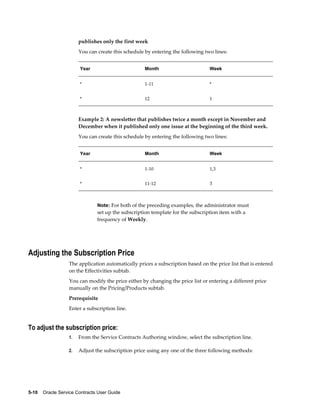 5-10    Oracle Service Contracts User Guide
publishes only the first week
You can create this schedule by entering the following two lines:
Year Month Week
* 1-11 *
* 12 1
Example 2: A newsletter that publishes twice a month except in November and
December when it published only one issue at the beginning of the third week.
You can create this schedule by entering the following two lines:
Year Month Week
* 1-10 1,3
* 11-12 3
Note: For both of the preceding examples, the administrator must
set up the subscription template for the subscription item with a
frequency of Weekly.
Adjusting the Subscription Price
The application automatically prices a subscription based on the price list that is entered
on the Effectivities subtab.
You can modify the price either by changing the price list or entering a different price
manually on the Pricing/Products subtab.
Prerequisite
Enter a subscription line.
To adjust the subscription price:
1. From the Service Contracts Authoring window, select the subscription line.
2. Adjust the subscription price using any one of the three following methods:
 