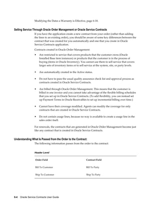 6-4    Oracle Service Contracts User Guide
Modifying the Dates a Warranty is Effective, page 6-18.
Selling Service Through Oracle Order Management or Oracle Service Contracts
If you have the application create a new contract from your order (rather than adding
the lines to an existing order), you should be aware of some key differences between the
contract that was created for you automatically and one that you create in Oracle
Service Contracts application.
Contracts created in Oracle Order Management:
• Are restricted to service that covers products that the customer owns (Oracle
Installed Base item instances) or products that the customer is in the process of
buying (items in Oracle Inventory). You cannot use them to sell service that covers
larger sets of inventory items or to sell service at the system, site, or party levels.
• Are automatically created in the Active status.
• Do not have to pass the usual quality assurance check list and approval process as
contracts created in Oracle Service Contracts.
• Are billed through Oracle Order Management. This means that the customer is
billed in one invoice and you cannot take advantage of the flexible billing schedules
that you set up in Oracle Service Contracts. (To add flexibility, you can instead set
up Payment Terms in Oracle Receivables to set up incremental billing over time.)
• Cannot have their coverage modified. Agents can modify the coverage for only
contracts that are created in Oracle Service Contracts.
• Do not contain usage lines, because no way is available to create a usage line in the
sales order itself.
For renewals, the contracts that are generated in Oracle Order Management become just
like any contract that is created in Oracle Service Contracts.
Understanding What Is Passed from the Order to the Contract:
The following information passes from the order to the contract:
Header Level
Order Field Contract Field
Bill To Customer Bill To Party
Ship To Customer Ship To Party
 