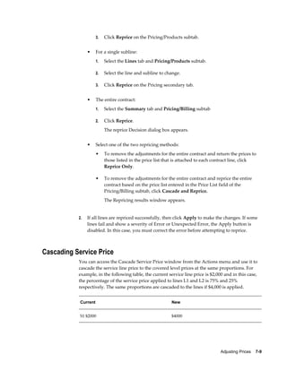 Adjusting Prices    7-9
3. Click Reprice on the Pricing/Products subtab.
• For a single subline:
1. Select the Lines tab and Pricing/Products subtab.
2. Select the line and subline to change.
3. Click Reprice on the Pricing secondary tab.
• The entire contract:
1. Select the Summary tab and Pricing/Billing subtab
2. Click Reprice.
The reprice Decision dialog box appears.
• Select one of the two repricing methods:
• To remove the adjustments for the entire contract and return the prices to
those listed in the price list that is attached to each contract line, click
Reprice Only.
• To remove the adjustments for the entire contract and reprice the entire
contract based on the price list entered in the Price List field of the
Pricing/Billing subtab, click Cascade and Reprice.
The Repricing results window appears.
2. If all lines are repriced successfully, then click Apply to make the changes. If some
lines fail and show a severity of Error or Unexpected Error, the Apply button is
disabled. In this case, you must correct the error before attempting to reprice.
Cascading Service Price
You can access the Cascade Service Price window from the Actions menu and use it to
cascade the service line price to the covered level prices at the same proportions. For
example, in the following table, the current service line price is $2,000 and in this case,
the percentage of the service price applied to lines L1 and L2 is 75% and 25%
respectively. The same proportions are cascaded to the lines if $4,000 is applied.
Current New
S1 $2000 $4000
 