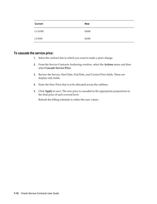 7-10    Oracle Service Contracts User Guide
Current New
L1 $1500 $3000
L2 $500 $1000
To cascade the service price:
1. Select the contract line to which you want to make a price change.
2. From the Service Contracts Authoring window, select the Actions menu and then
select Cascade Service Price.
3. Review the Service, Start Date, End Date, and Current Price fields. These are
display-only fields.
4. Enter the New Price that is to be allocated across the sublines.
5. Click Apply to save. The new price is cascaded in the appropriate proportions to
the final price of each covered level.
Refresh the billing schedule to reflect the new values.
 