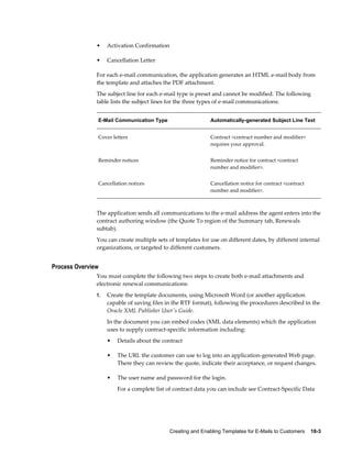 Creating and Enabling Templates for E-Mails to Customers    18-3
• Activation Confirmation
• Cancellation Letter
For each e-mail communication, the application generates an HTML e-mail body from
the template and attaches the PDF attachment.
The subject line for each e-mail type is preset and cannot be modified. The following
table lists the subject lines for the three types of e-mail communications:
E-Mail Communication Type Automatically-generated Subject Line Text
Cover letters Contract <contract number and modifier>
requires your approval.
Reminder notices Reminder notice for contract <contract
number and modifier>.
Cancellation notices Cancellation notice for contract <contract
number and modifier>.
The application sends all communications to the e-mail address the agent enters into the
contract authoring window (the Quote To region of the Summary tab, Renewals
subtab).
You can create multiple sets of templates for use on different dates, by different internal
organizations, or targeted to different customers.
Process Overview
You must complete the following two steps to create both e-mail attachments and
electronic renewal communications:
1. Create the template documents, using Microsoft Word (or another application
capable of saving files in the RTF format), following the procedures described in the
Oracle XML Publisher User's Guide.
In the document you can embed codes (XML data elements) which the application
uses to supply contract-specific information including:
• Details about the contract
• The URL the customer can use to log into an application-generated Web page.
There they can review the quote, indicate their acceptance, or request changes.
• The user name and password for the login.
For a complete list of contract data you can include see Contract-Specific Data
 