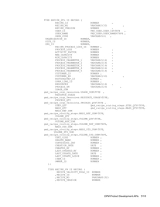 OPM Product Development APIs    7-11
TYPE RECIPE_DTL IS RECORD (
RECIPE_ID NUMBER ,
RECIPE_NO VARCHAR2(32) ,
RECIPE_VERSION NUMBER ,
USER_ID FND_USER.USER_ID%TYPE ,
USER_NAME FND_USER.USER_NAME%TYPE ,
ORGN_CODE VARCHAR2(4) ,
ORGANIZATION_ID NUMBER,
SITE_ID NUMBER,
ORG_ID NUMBER,
RECIPE_PROCESS_LOSS_ID NUMBER ,
PROCESS_LOSS NUMBER ,
ACTIVITY_FACTOR NUMBER ,
MAX_CAPACITY NUMBER ,
MIN_CAPACITY NUMBER ,
PROCESS_PARAMETER_1 VARCHAR2(16) ,
PROCESS_PARAMETER_2 VARCHAR2(16) ,
PROCESS_PARAMETER_3 VARCHAR2(16) ,
PROCESS_PARAMETER_4 VARCHAR2(16) ,
PROCESS_PARAMETER_5 VARCHAR2(16) ,
CUSTOMER_ID NUMBER ,
CUSTOMER_NO VARCHAR2(32) ,
ROUTINGSTEP_ID NUMBER ,
OPRN_LINE_ID NUMBER ,
RESOURCES VARCHAR2(16) ,
PROCESS_UM VARCHAR2(25) ,
USAGE_UOM
gmd_recipe_orgn_resources.USAGE_UOM%TYPE ,
RESOURCE_USAGE
gmd_recipe_orgn_resources.RESOURCE_USAGE%TYPE,
PROCESS_QTY
gmd_recipe_orgn_resources.PROCESS_QTY%TYPE ,
STEP_QTY gmd_recipe_routing_steps.STEP_QTY%TYPE,
MASS_QTY gmd_recipe_routing_steps.MASS_QTY%TYPE,
MASS_REF_UOM
gmd_recipe_routing_steps.MASS_REF_UOM%TYPE,
VOLUME_QTY
gmd_recipe_routing_steps.VOLUME_QTY%TYPE,
VOLUME_REF_UOM
gmd_recipe_routing_steps.VOLUME_REF_UOM%TYPE,
MASS_STD_UOM
gmd_recipe_routing_steps.MASS_STD_UOM%TYPE,
VOLUME_STD_UOM
gmd_recipe_routing_steps.VOLUME_STD_UOM%TYPE,
TEXT_CODE NUMBER ,
DELETE_MARK NUMBER ,
CONTIGUOUS_IND NUMBER ,
CREATION_DATE DATE ,
CREATED_BY NUMBER ,
LAST_UPDATED_BY NUMBER ,
LAST_UPDATE_DATE DATE ,
LAST_UPDATE_LOGIN NUMBER ,
ITEM_ID NUMBER ,
OWNER_ID NUMBER
);
TYPE RECIPE_VR IS RECORD (
RECIPE_VALIDITY_RULE_ID NUMBER
,RECIPE_ID NUMBER
,RECIPE_NO VARCHAR2(32)
,RECIPE_VERSION NUMBER
 