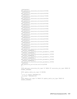 OPM Product Development APIs    7-17
,ATTRIBUTE15
gmd_operation_resources.attribute15%TYPE
,ATTRIBUTE16
gmd_operation_resources.attribute16%TYPE
,ATTRIBUTE17
gmd_operation_resources.attribute17%TYPE
,ATTRIBUTE18
gmd_operation_resources.attribute18%TYPE
,ATTRIBUTE19
gmd_operation_resources.attribute19%TYPE
,ATTRIBUTE20
gmd_operation_resources.attribute20%TYPE
,ATTRIBUTE21
gmd_operation_resources.attribute21%TYPE
,ATTRIBUTE22
gmd_operation_resources.attribute22%TYPE
,ATTRIBUTE23
gmd_operation_resources.attribute23%TYPE
,ATTRIBUTE24
gmd_operation_resources.attribute24%TYPE
,ATTRIBUTE25
gmd_operation_resources.attribute25%TYPE
,ATTRIBUTE26
gmd_operation_resources.attribute26%TYPE
,ATTRIBUTE27
gmd_operation_resources.attribute27%TYPE
,ATTRIBUTE28
gmd_operation_resources.attribute28%TYPE
,ATTRIBUTE29
gmd_operation_resources.attribute29%TYPE
,ATTRIBUTE30
gmd_operation_resources.attribute30%TYPE
,PROCESS_PARAMETER_1
gmd_operation_resources.process_parameter_1%TYPE
,PROCESS_PARAMETER_2
gmd_operation_resources.process_parameter_2%TYPE
,PROCESS_PARAMETER_3
gmd_operation_resources.process_parameter_3%TYPE
,PROCESS_PARAMETER_4
gmd_operation_resources.process_parameter_4%TYPE
,PROCESS_PARAMETER_5
gmd_operation_resources.process_parameter_5%TYPE
,ACTIVITY
gmd_operation_activities.activity%TYPE
);
TYPE gmd_oprn_resources_tbl_type IS TABLE OF resources_rec_type INDEX BY
BINARY_INTEGER;
TYPE update_table_rec_type IS RECORD
(
p_col_to_update VARCHAR2(30)
, p_value VARCHAR2(30)
);
TYPE update_tbl_type IS TABLE OF update_table_rec_type INDEX BY
BINARY_INTEGER;
 