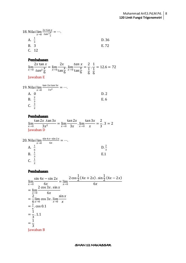120 soal dan pembahasan limit fungsi trigonometri