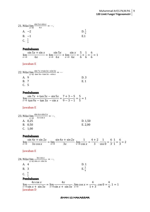 Soal Dan Pembahasan Turunan Fungsi Trigonometri Pdf
