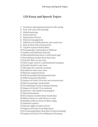 120 Essay and Speech Topics
120 Essay and Speech Topics
1. Top three educational systems in the world
2. Pros and cons of E-learning
3. Global warming
4. Science fiction
5. Importance of trees
6. Disastermanagement
7. Influence of mobile phones: pros and cons
8. How to deal with sectarianism
9. Top five science fiction films
10.Transgender community in Pakistan
11.Indian and Pakistani festivals
12.Should politicians have a retirement age?
13.Five famous leaders from East Asia
14.Top five films in my view
15.How to get a job in a multinational company
16.Top five books in my view
17.My plans for summervacation
18.A stitch in time saves nine
19.Women empowerment
20.UN Sustainable Development Goals
21.Fifth Generation Warfare
22.Impact of Covid-19 on the war on terrorism
23.How to manage social media
24.Ten defining events in human history
25.Impact of Covid-19 on industry
26.Internet—the death of newspaper
27.Natural disasters
28.Five famous leaders from South Asia
29.Where there is a will, there is a way
30.Holiday with no stress in three steps
31.Pakistani writers
32.Human rights in times of war
33.Impact of Covid-19 on Education
34.Is E-learning better than face-to-face learning?
35.Impact of Covid-19 on Pakistan’s Economy
 