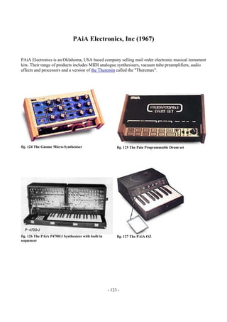 - 123 -
PAiA Electronics, Inc (1967)
PAiA Electronics is an Oklahoma, USA based company selling mail order electronic musical instument
kits. Their range of products includes MIDI analogue synthesisers, vacuum tube preamplifiers, audio
effects and processors and a version of the Theremin called the "Theremax".
fig. 124 The Gnome Micro-Synthesiser fig. 125 The Paia Programmable Drum set
fig. 126 The PAiA P4700/J Synthesizer with built in
sequencer
fig. 127 The PAiA OZ
 
