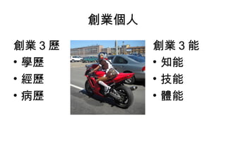 創業個人
創業 3 歷          創業 3 能
• 學歷            • 知能
• 經歷            • 技能
• 病歷            • 體能
 