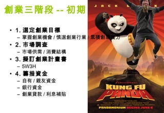 創業三階段 -- 初期

• 1. 選定創業目標
 – 掌握創業機會 / 慎選創業行業 / 累積創業實力
• 2. 市場調查
 – 市場供需 / 消費結構
• 3. 擬訂創業計畫書
 – 5W3H
• 4. 籌措資金
 – 自有 / 親友資金
 – 銀行資金
 – 創業貸款 / 利息補貼
 